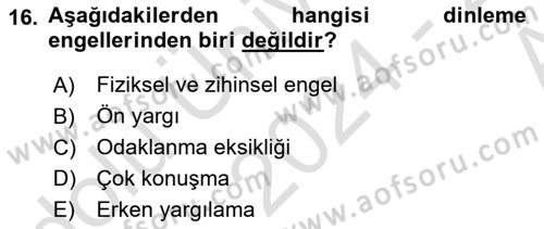 İletişim Bilgisi Dersi Ara Sınavı Deneme Sınav Soruları 16. Soru