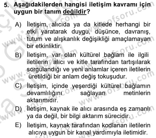 İletişim Bilgisi Dersi Ara Sınavı Deneme Sınav Soruları 5. Soru