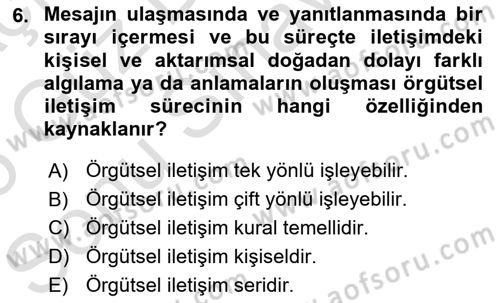 İletişim Bilgisi Dersi 2024 - 2025 Yılı (Final) Dönem Sonu Sınav Soruları 6. Soru