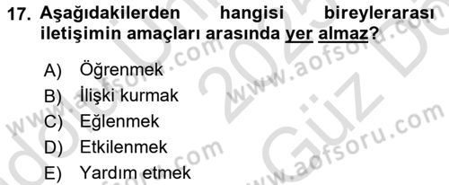 İletişim Bilgisi Dersi 2025 - 2026 Yılı (Vize) Ara Sınav Soruları 17. Soru