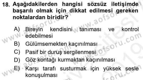 Sözlü ve Sözsüz İletişim Dersi 2018 - 2019 Yılı (Final) Dönem Sonu Sınav Soruları 18. Soru