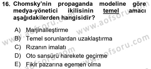 İletişim Kuramları Dersi 2016 - 2017 Yılı 3 Ders Sınavı 16. Soru