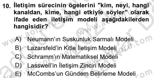 İletişim Kuramları Dersi 2021 - 2022 Yılı (Vize) Ara Sınav Soruları 10. Soru