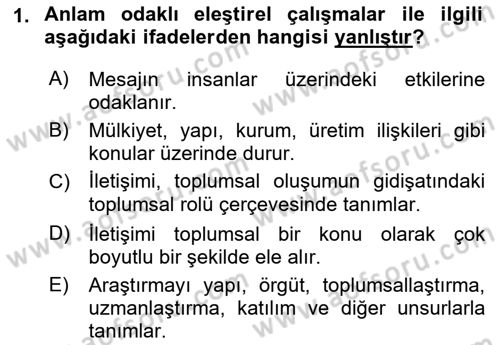 İletişim Kuramları Dersi 2021 - 2022 Yılı Yaz Okulu Sınav Soruları 1. Soru