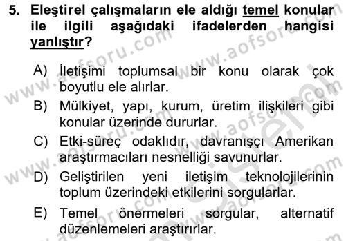İletişim Kuramları Dersi 2023 - 2024 Yılı (Vize) Ara Sınav Soruları 5. Soru
