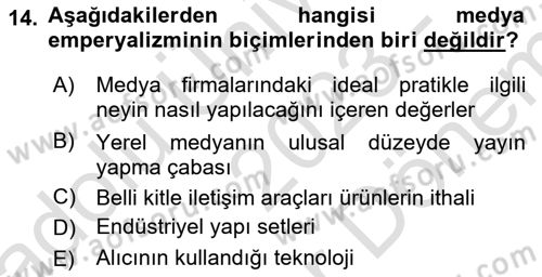 İletişim Kuramları Dersi 2023 - 2024 Yılı (Final) Dönem Sonu Sınav Soruları 14. Soru