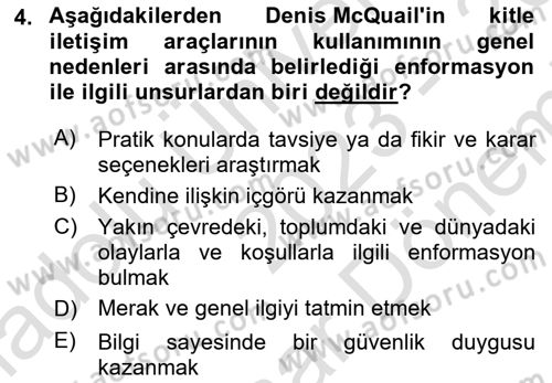 İletişim Kuramları Dersi Dönem Sonu Sınavı Deneme Sınav Soruları 4. Soru