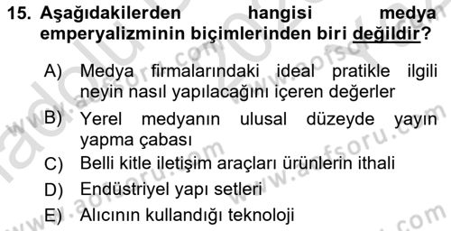 İletişim Kuramları Dersi 2023 - 2024 Yılı Yaz Okulu Sınav Soruları 15. Soru
