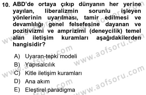 İletişim Kuramları Dersi 2024 - 2025 Yılı (Vize) Ara Sınav Soruları 10. Soru