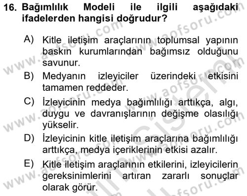 İletişim Kuramları Dersi 2024 - 2025 Yılı (Vize) Ara Sınav Soruları 16. Soru