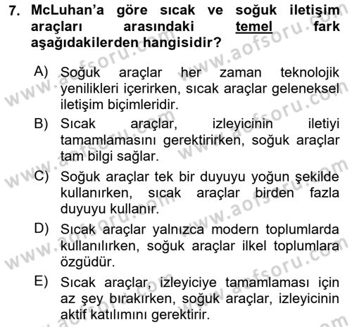 İletişim Kuramları Dersi 2024 - 2025 Yılı (Final) Dönem Sonu Sınav Soruları 7. Soru