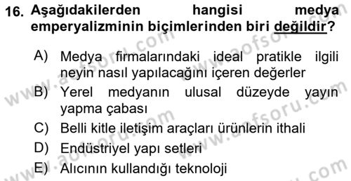 İletişim Kuramları Dersi 2024 - 2025 Yılı Yaz Okulu Sınav Soruları 16. Soru