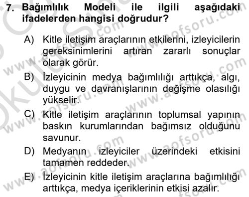 İletişim Kuramları Dersi 2024 - 2025 Yılı Yaz Okulu Sınav Soruları 7. Soru
