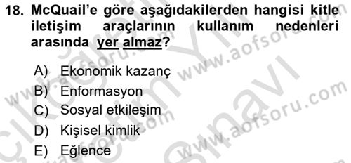 İletişim Kuramları Dersi 2025 - 2026 Yılı (Vize) Ara Sınav Soruları 18. Soru