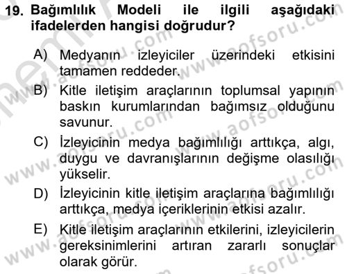 İletişim Kuramları Dersi 2025 - 2026 Yılı (Vize) Ara Sınav Soruları 19. Soru