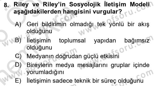 İletişim Kuramları Dersi 2025 - 2026 Yılı (Vize) Ara Sınav Soruları 8. Soru