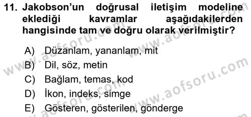 İletişim Kuramları Dersi 2025 - 2026 Yılı (Final) Dönem Sonu Sınav Soruları 11. Soru