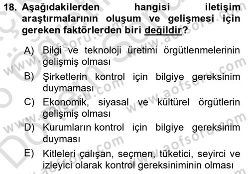 İletişim Kuramları Dersi 2025 - 2026 Yılı (Final) Dönem Sonu Sınav Soruları 18. Soru