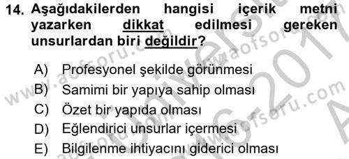 Stratejik İletişim Dersi 2016 - 2017 Yılı (Vize) Ara Sınav Soruları 14. Soru