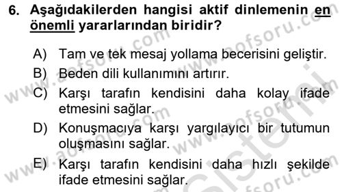 Sağlık Kurumlarında İletişim Dersi 2020 - 2021 Yılı Yaz Okulu Sınav Soruları 6. Soru