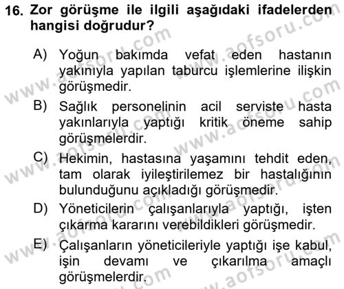 Sağlık Kurumlarında İletişim Dersi 2025 - 2026 Yılı (Final) Dönem Sonu Sınav Soruları 16. Soru