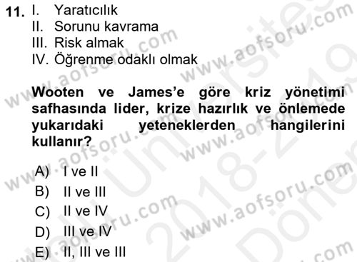Kriz İletişimi Ve Yönetimi Dersi 2018 - 2019 Yılı (Final) Dönem Sonu Sınav Soruları 11. Soru