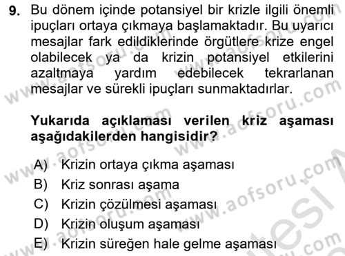 Kriz İletişimi Ve Yönetimi Dersi 2023 - 2024 Yılı (Vize) Ara Sınavı 9. Soru