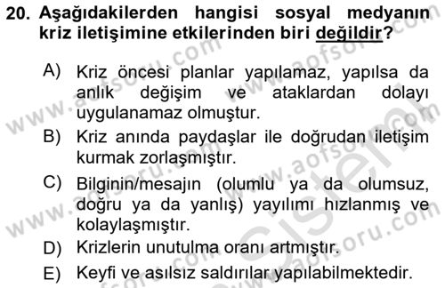 Kriz İletişimi Ve Yönetimi Dersi 2023 - 2024 Yılı (Final) Dönem Sonu Sınav Soruları 20. Soru