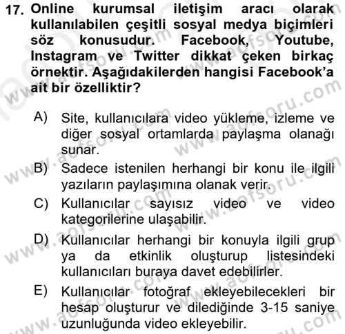 Kurumsal İletişim Dersi 2017 - 2018 Yılı (Final) Dönem Sonu Sınav Soruları 17. Soru