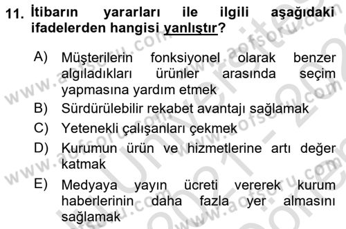 Kurumsal İletişim Dersi 2021 - 2022 Yılı (Final) Dönem Sonu Sınav Soruları 11. Soru