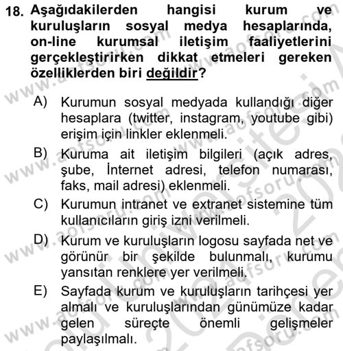 Kurumsal İletişim Dersi 2021 - 2022 Yılı (Final) Dönem Sonu Sınav Soruları 18. Soru