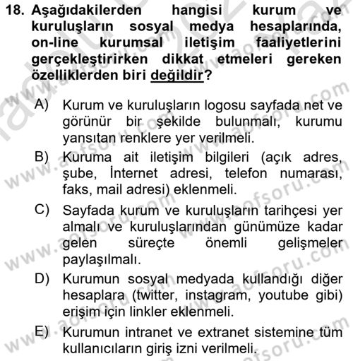 Kurumsal İletişim Dersi 2022 - 2023 Yılı Yaz Okulu Sınav Soruları 18. Soru