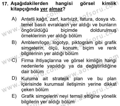 Kurumsal İletişim Dersi Ara Sınavı Deneme Sınav Soruları 17. Soru