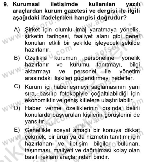 Kurumsal İletişim Dersi Ara Sınavı Deneme Sınav Soruları 9. Soru