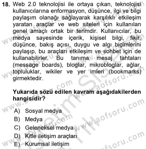 Kurumsal İletişim Dersi 2024 - 2025 Yılı Yaz Okulu Sınav Soruları 18. Soru