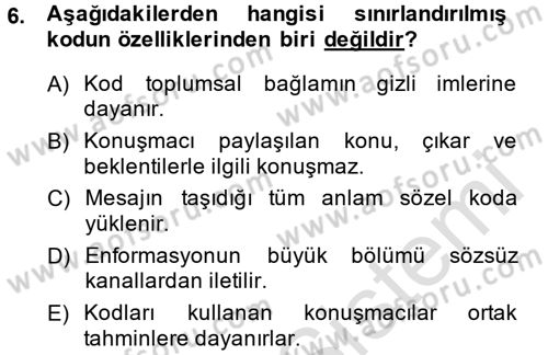 Kültürlerarası İletişim Dersi 2013 - 2014 Yılı Tek Ders Sınav Soruları 6. Soru