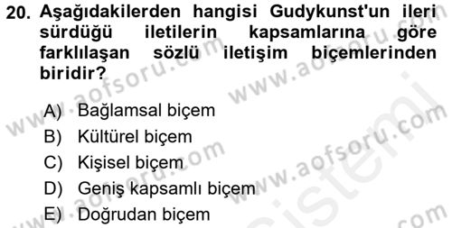 Kültürlerarası İletişim Dersi 2017 - 2018 Yılı 3 Ders Sınav Soruları 20. Soru