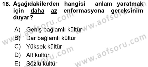 Kültürlerarası İletişim Dersi 2017 - 2018 Yılı (Vize) Ara Sınav Soruları 16. Soru