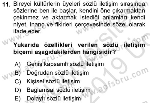 Kültürlerarası İletişim Dersi 2018 - 2019 Yılı 3 Ders Sınav Soruları 11. Soru