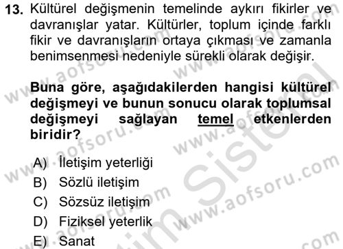 Kültürlerarası İletişim Dersi 2018 - 2019 Yılı 3 Ders Sınav Soruları 13. Soru