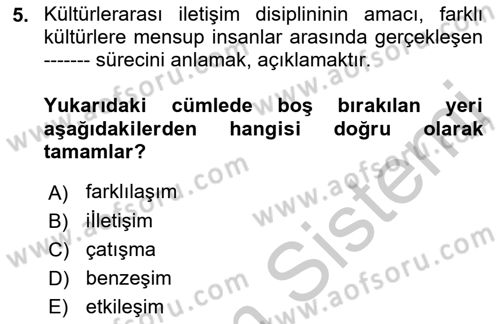 Kültürlerarası İletişim Dersi 2018 - 2019 Yılı Yaz Okulu Sınav Soruları 5. Soru