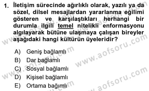 Kültürlerarası İletişim Dersi 2021 - 2022 Yılı (Final) Dönem Sonu Sınav Soruları 1. Soru