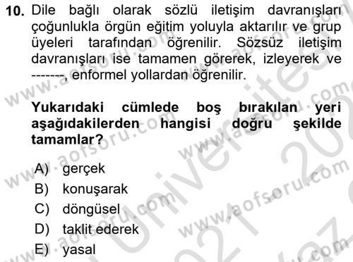 Kültürlerarası İletişim Dersi 2021 - 2022 Yılı Yaz Okulu Sınav Soruları 10. Soru