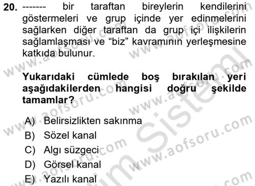 Kültürlerarası İletişim Dersi 2021 - 2022 Yılı Yaz Okulu Sınav Soruları 20. Soru