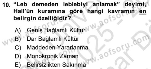 Kültürlerarası İletişim Dersi 2025 - 2026 Yılı (Vize) Ara Sınav Soruları 10. Soru