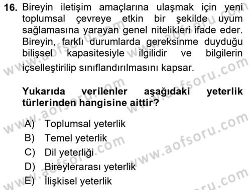Kültürlerarası İletişim Dersi 2025 - 2026 Yılı (Final) Dönem Sonu Sınav Soruları 16. Soru