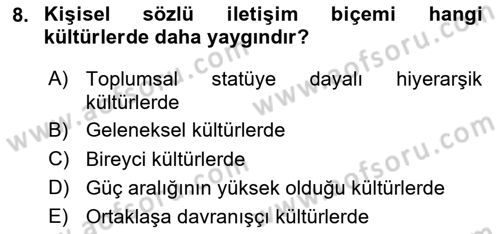 Kültürlerarası İletişim Dersi 2025 - 2026 Yılı (Final) Dönem Sonu Sınav Soruları 8. Soru