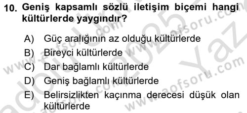 Kültürlerarası İletişim Dersi 2025 - 2026 Yılı Yaz Okulu Sınav Soruları 10. Soru