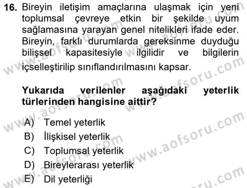 Kültürlerarası İletişim Dersi 2025 - 2026 Yılı Yaz Okulu Sınav Soruları 16. Soru
