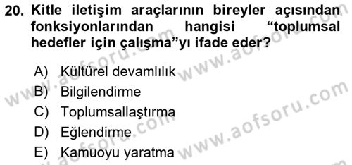 Dijital İletişim ve Yeni Medya Dersi 2017 - 2018 Yılı (Final) Dönem Sonu Sınav Soruları 20. Soru